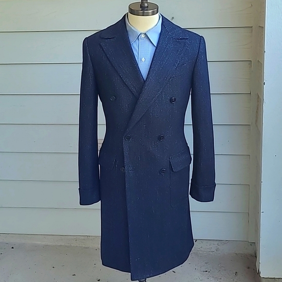SUITSUPPLY Dark Blue Grey Herringbone Wool Camel Silk DB 38 L Mens Coat Overcoat - Picture 1 of 10